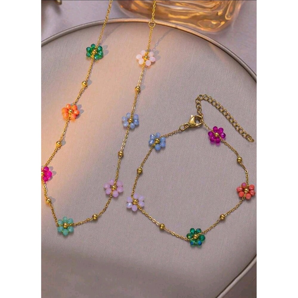Flower Beaded Necklace Bracelet Set Gold Tone Colorful Cute Jewelry
